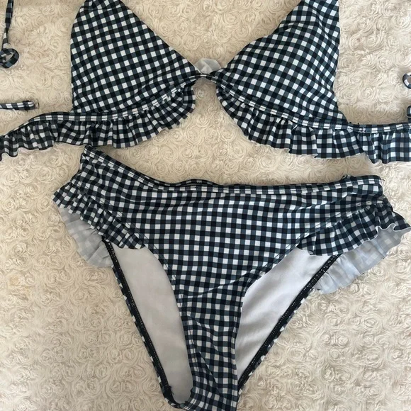 Black White gingham ruffle bikini set